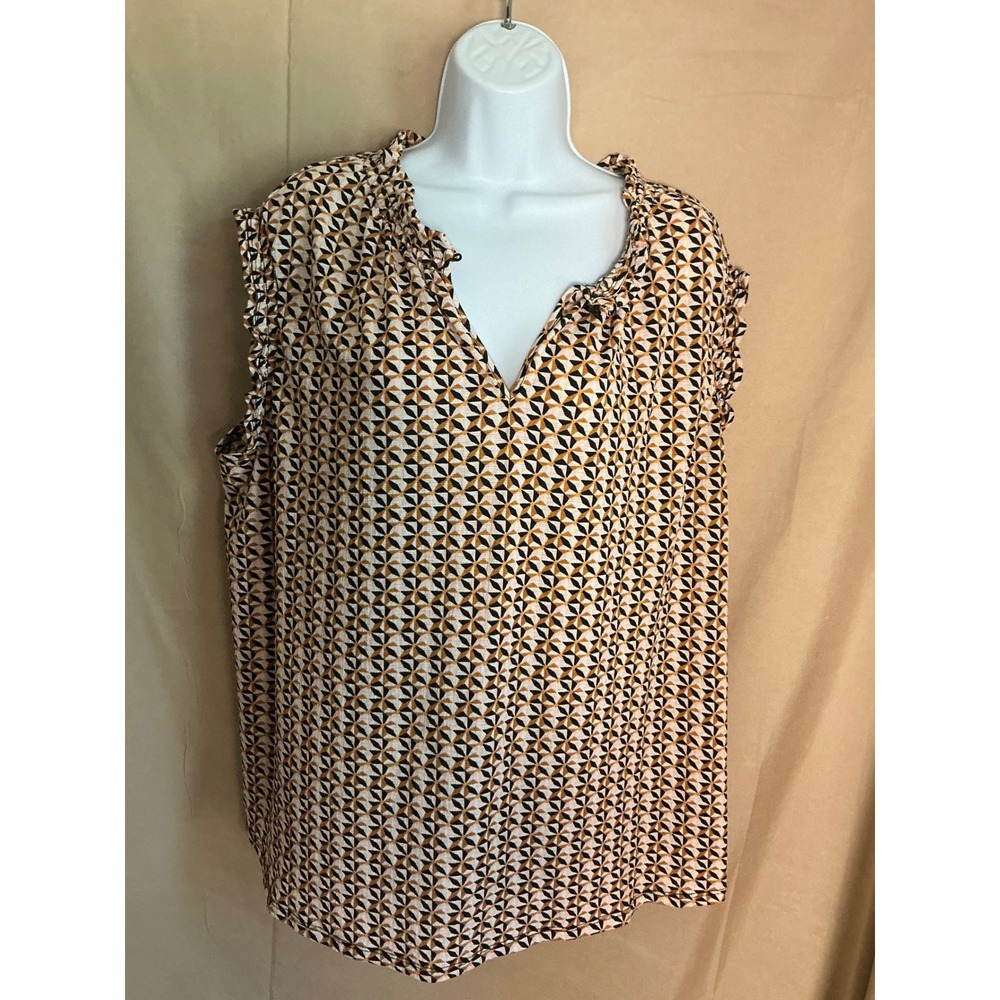 Fred David Ruffle Blouse Womens 2X Yellow Black Geometric Excellent Sleeveless